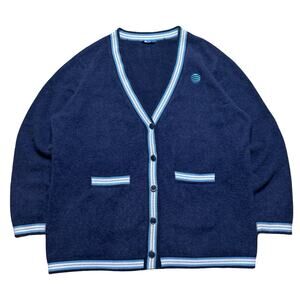 AT&T Employee Fuzzy Cardigan Blue Striped Size XL Vintage Mohair Esque